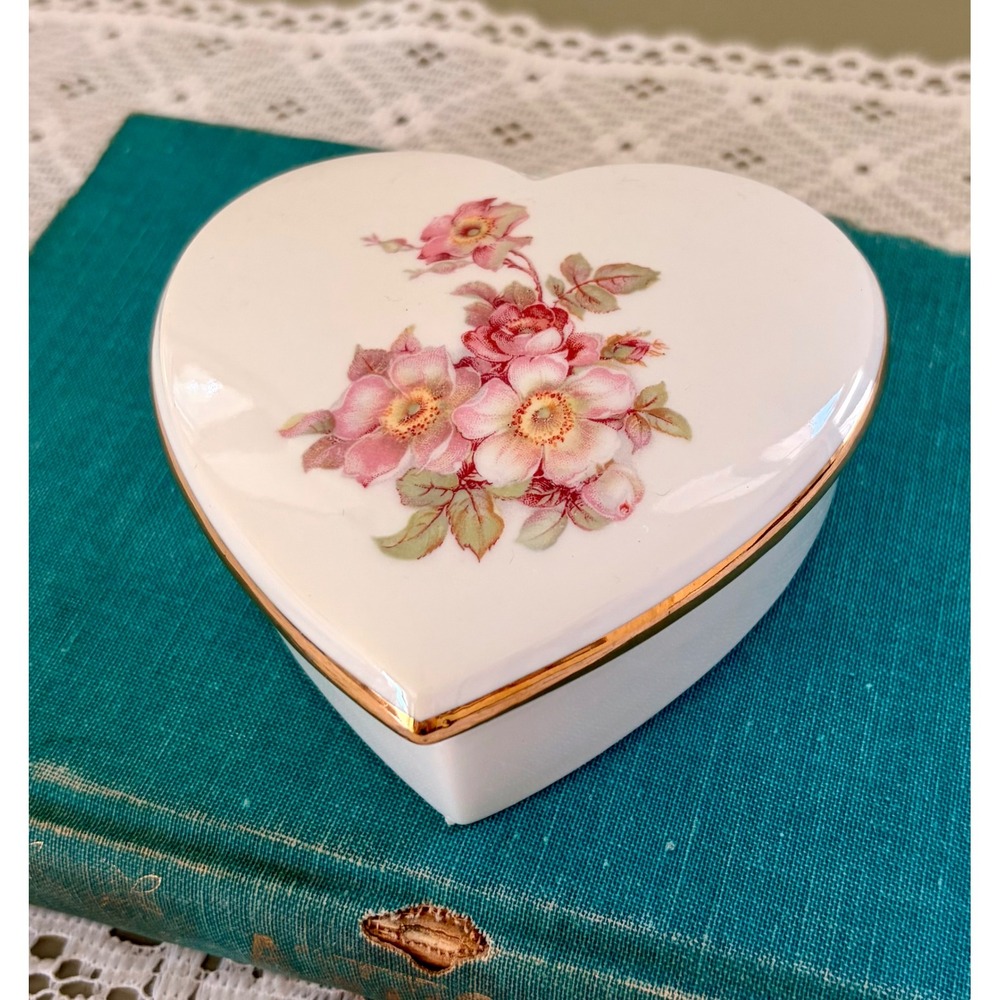 Vintage Bavaria Western Germany Porcelain Heart Trinket Box Pink Floral Gold Rim